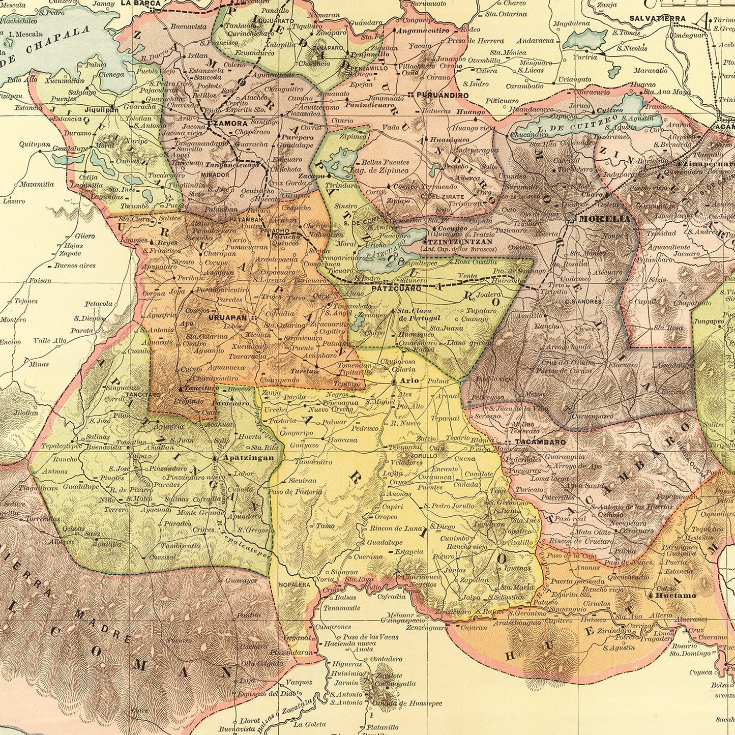 Vintage Map of Michoacan, Mexico, 1886