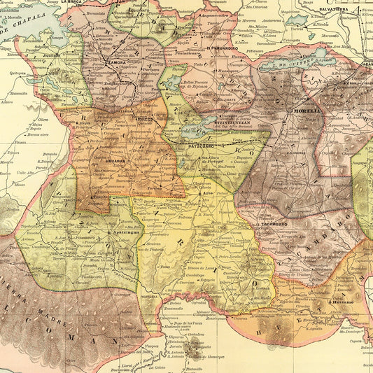 Vintage Map of Michoacan, Mexico, 1886