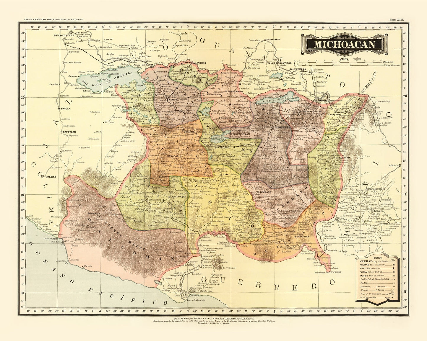 Vintage Map of Michoacan, Mexico, 1886