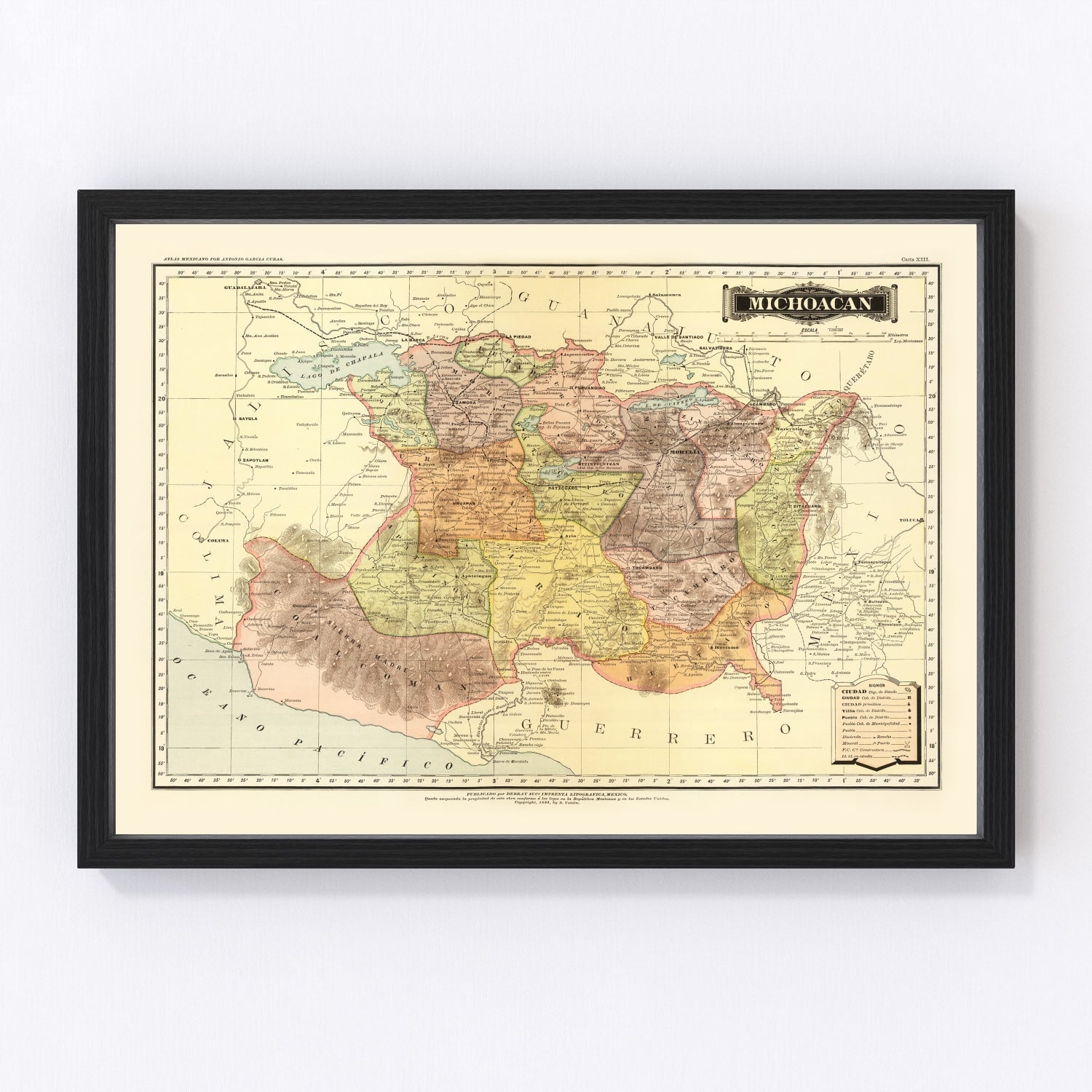 vintage map of Michoacan, Mexico, 1886