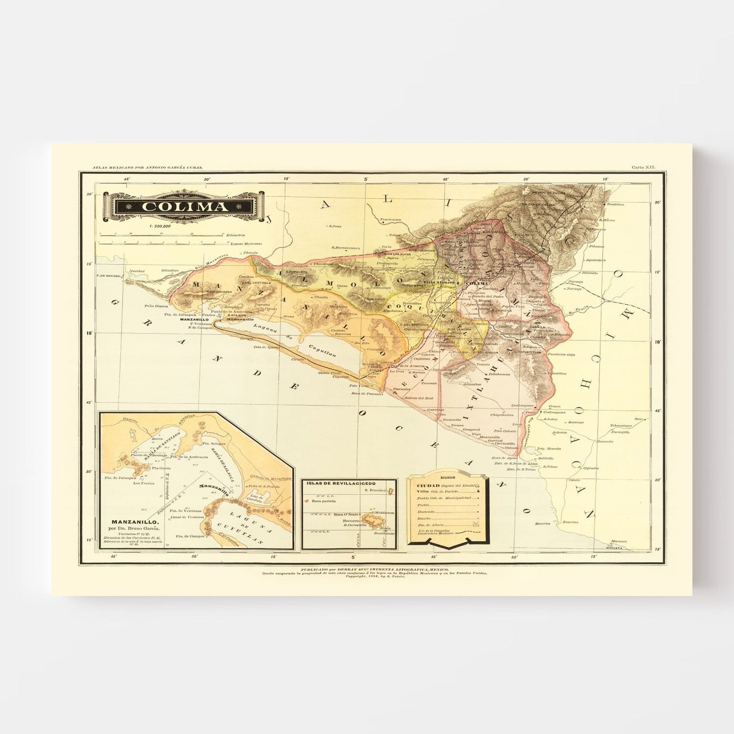 Vintage Map of Colima, Mexico, 1886