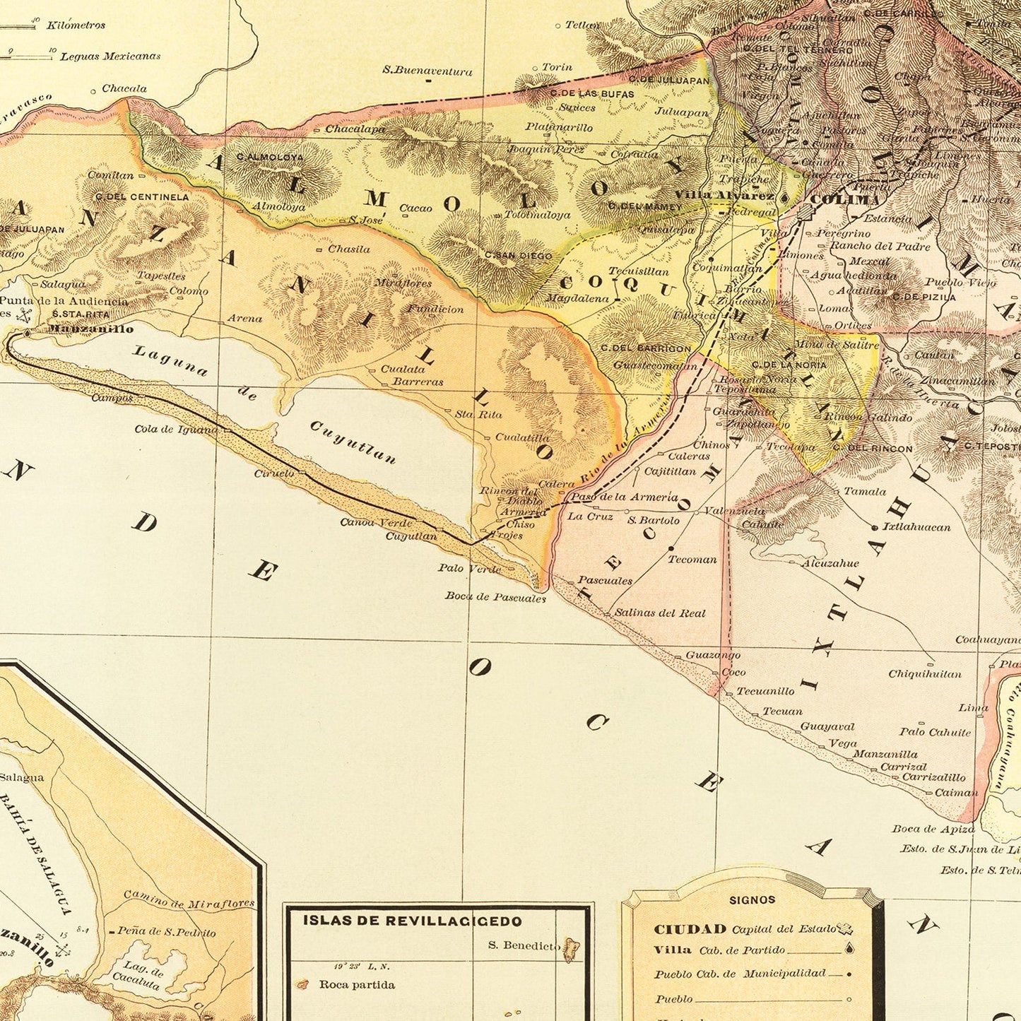 Vintage Map of Colima, Mexico, 1886