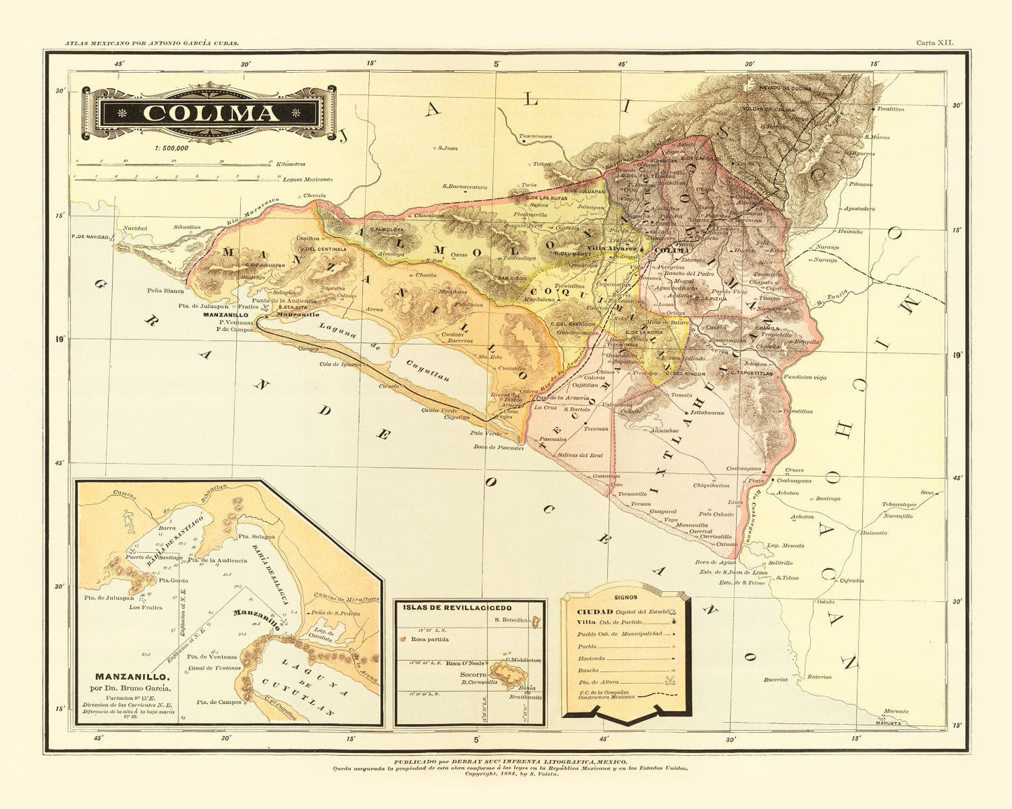 Vintage Map of Colima, Mexico, 1886