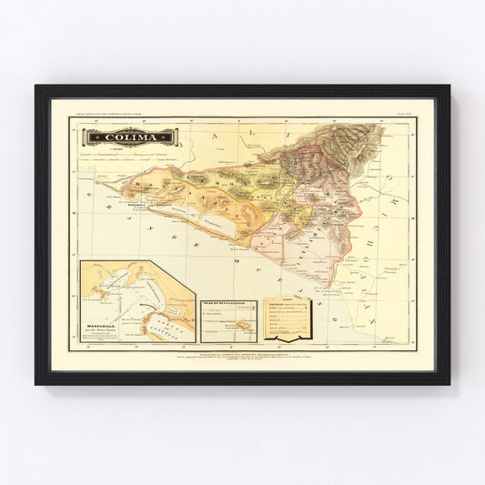 vintage map of Colima, Mexico, 1886