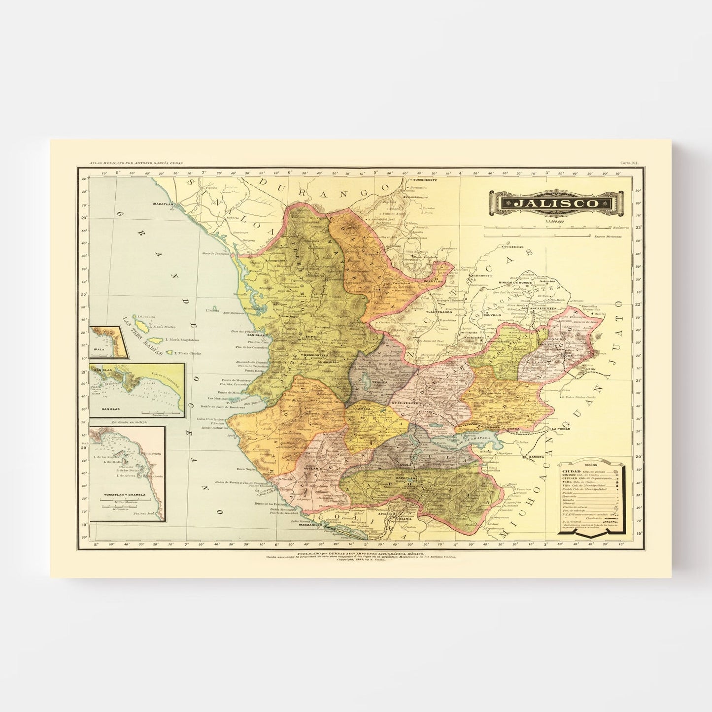 Vintage Map of Jalisco, Mexico, 1886