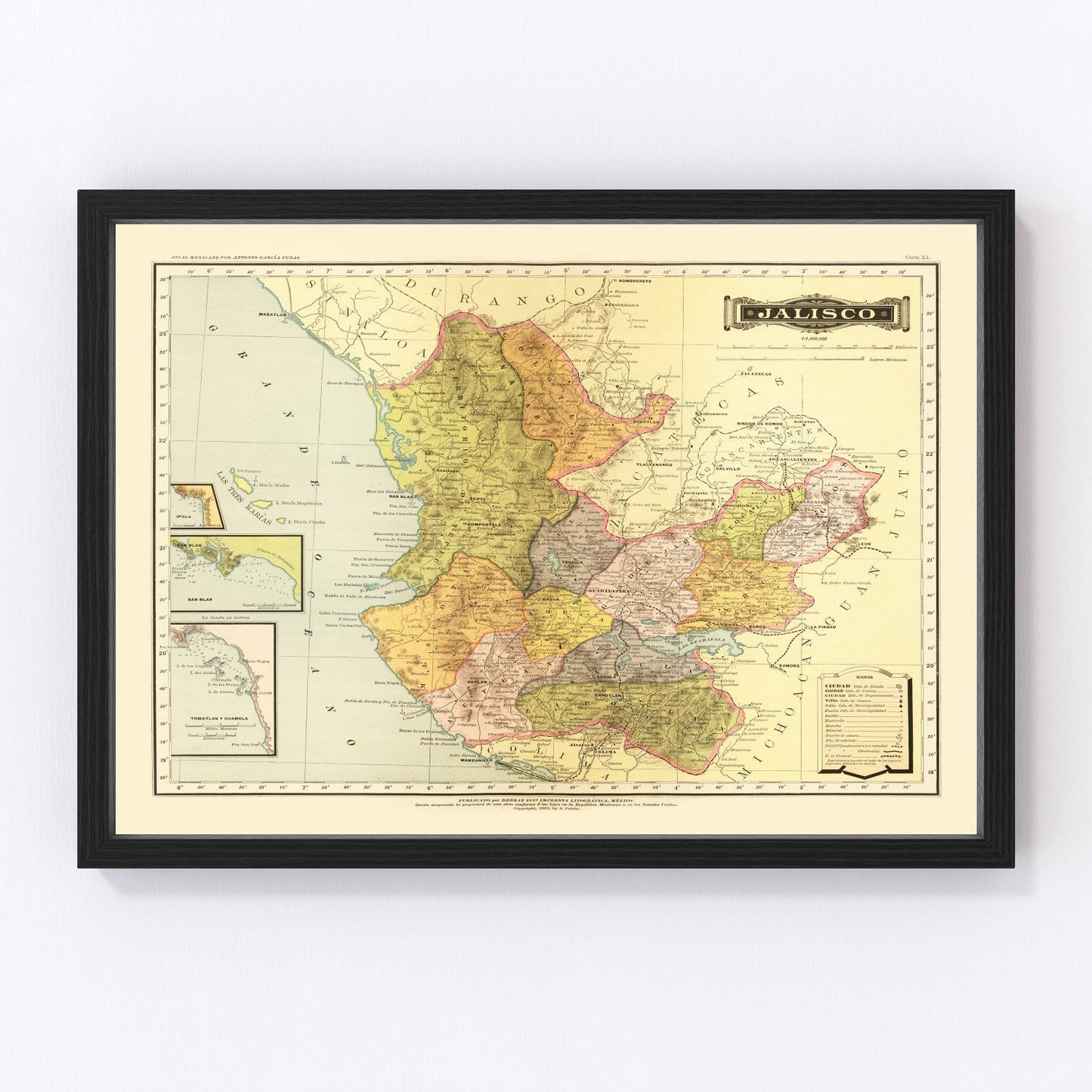 Vintage map of Jalisco, Mexico, 1886