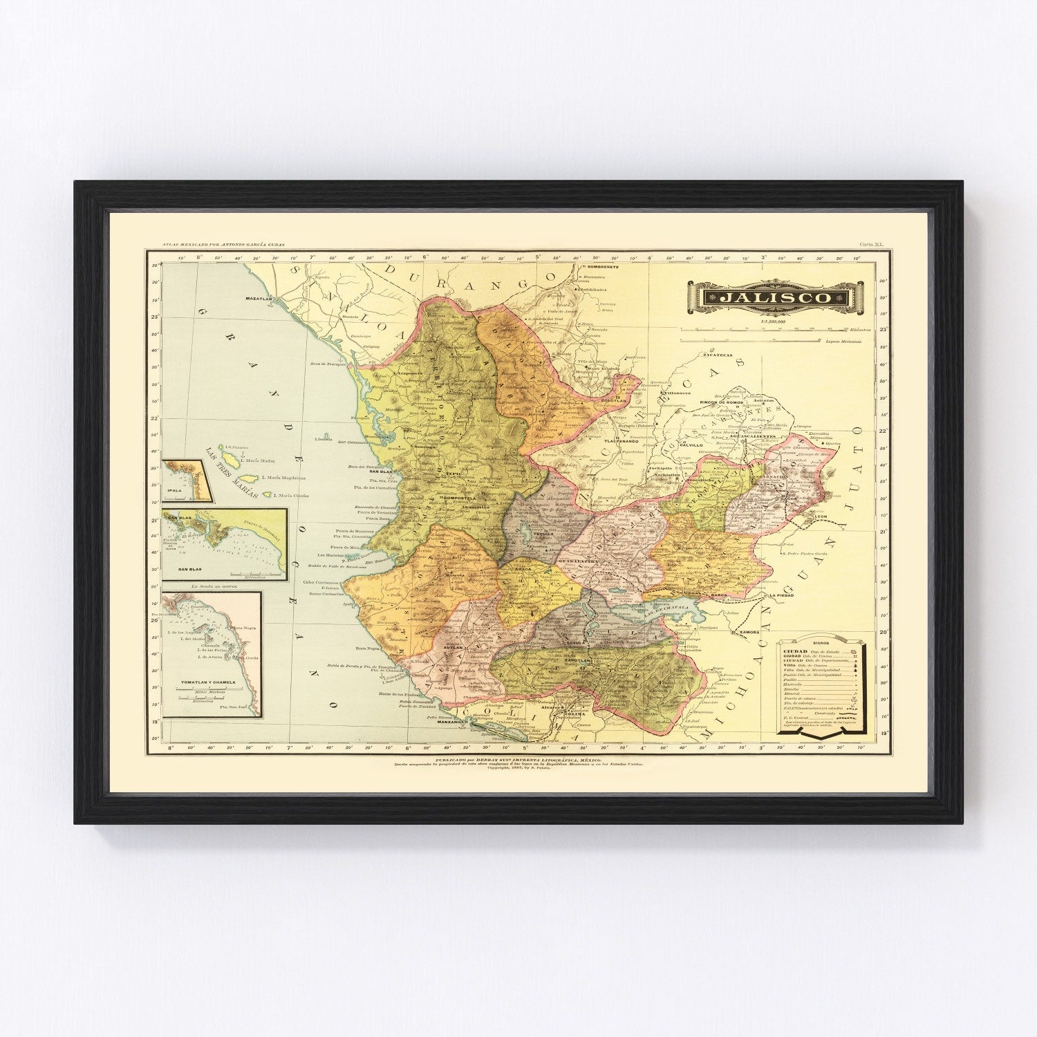 Vintage map of Jalisco, Mexico, 1886