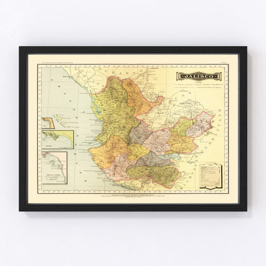 Vintage map of Jalisco, Mexico, 1886