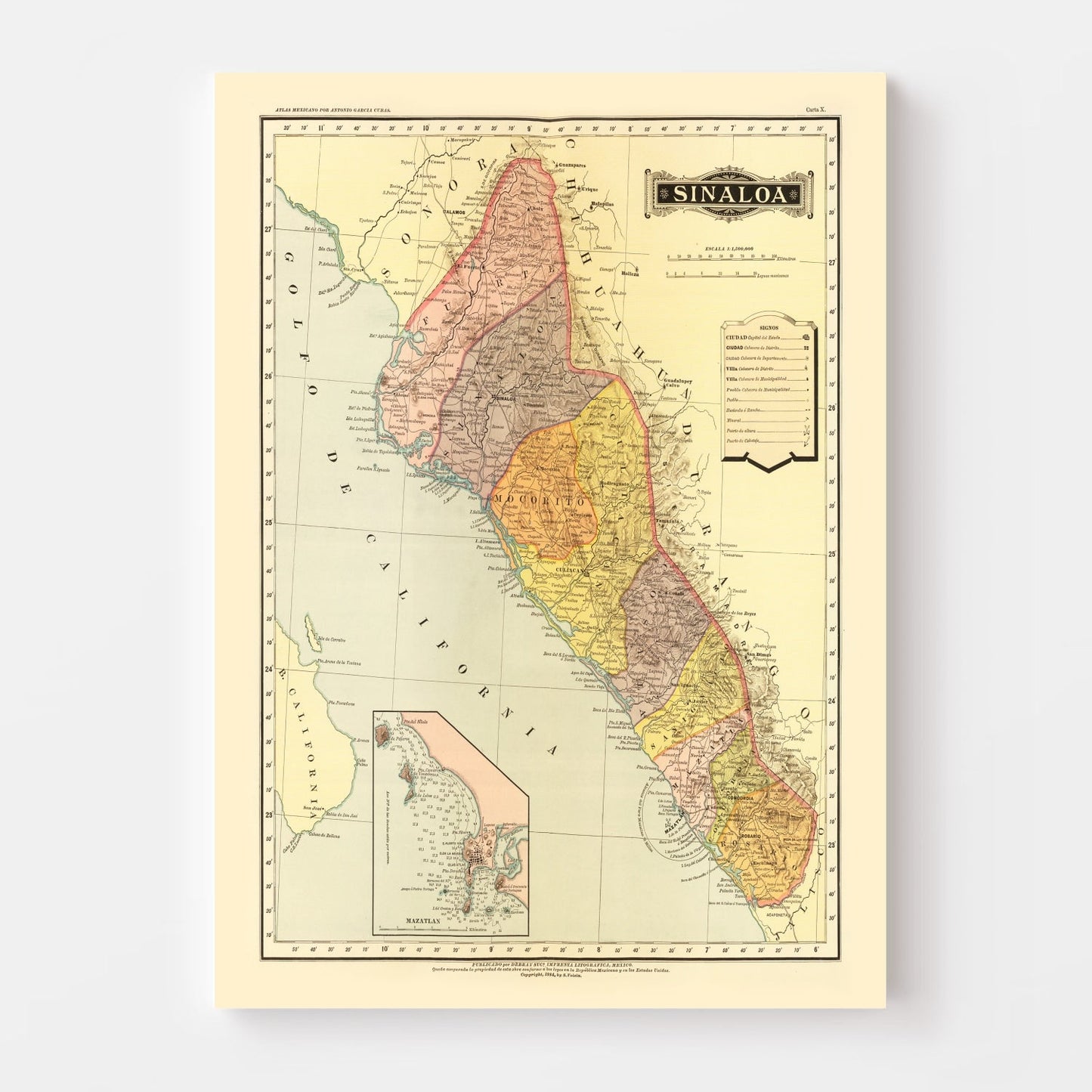 Vintage Map of Sinaloa, Mexico, 1886