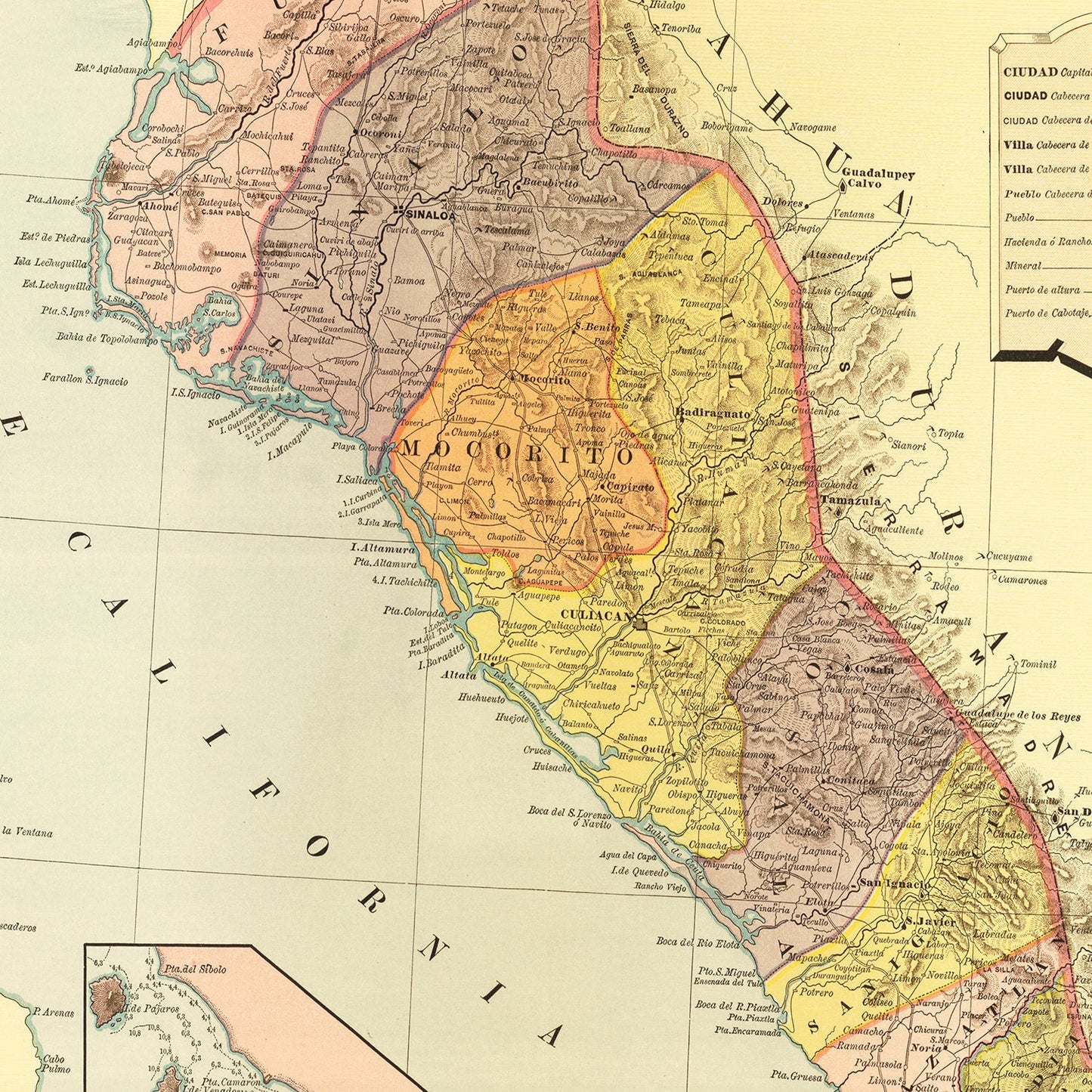 Vintage Map of Sinaloa, Mexico, 1886
