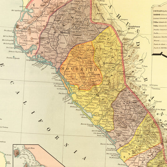 Vintage Map of Sinaloa, Mexico, 1886