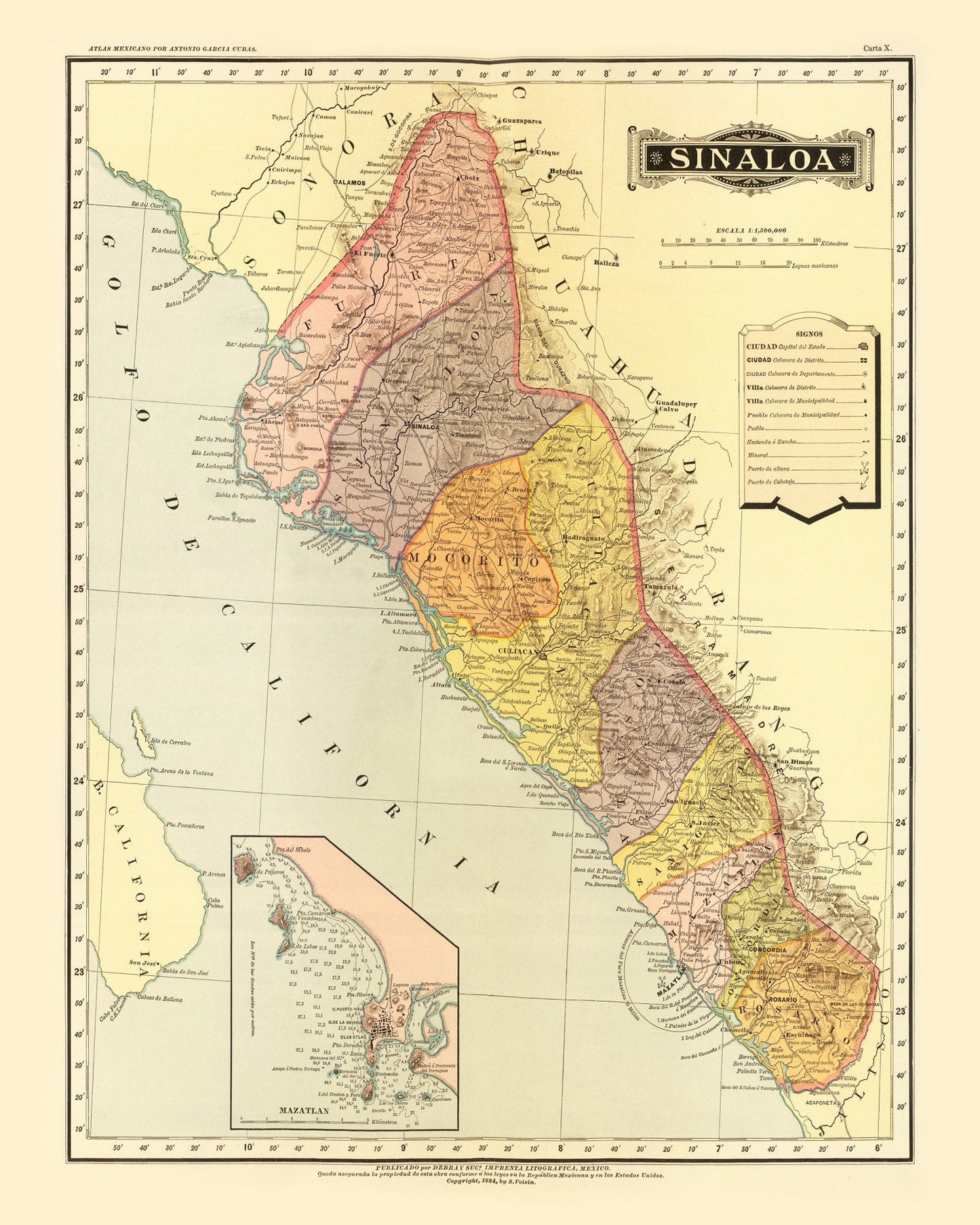 Vintage Map of Sinaloa, Mexico, 1886