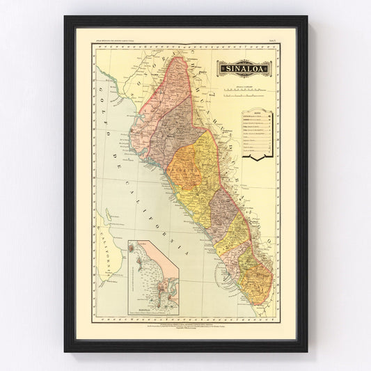 vintage map of Sinaloa, Mexico, 1886