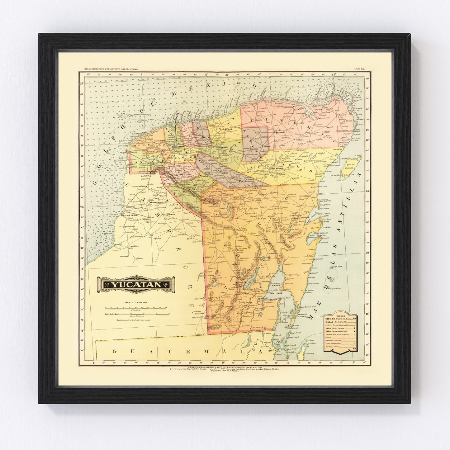 Vintage 1886 map of Yucatan Mexico, digitally restored print