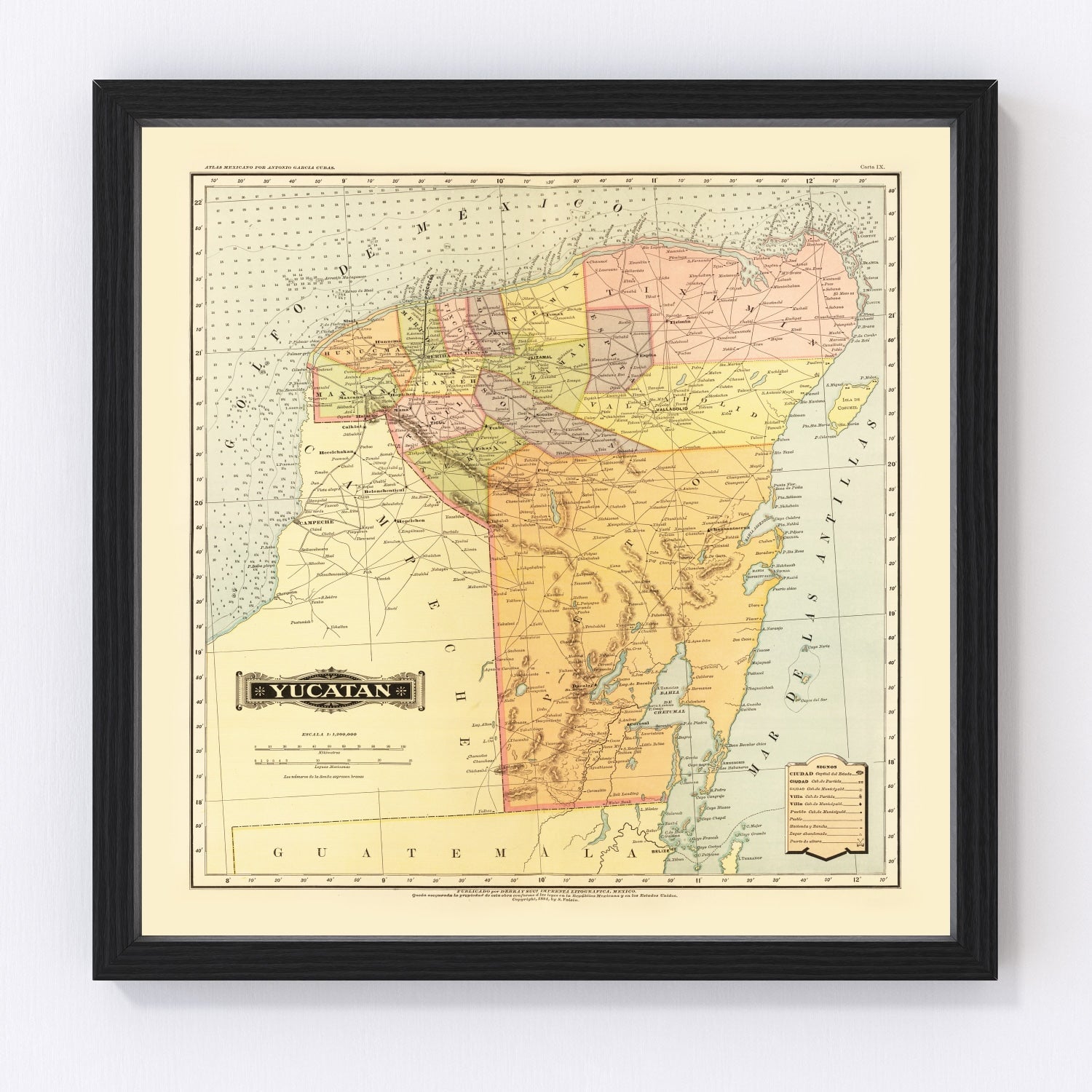 Vintage 1886 map of Yucatan Mexico, digitally restored print