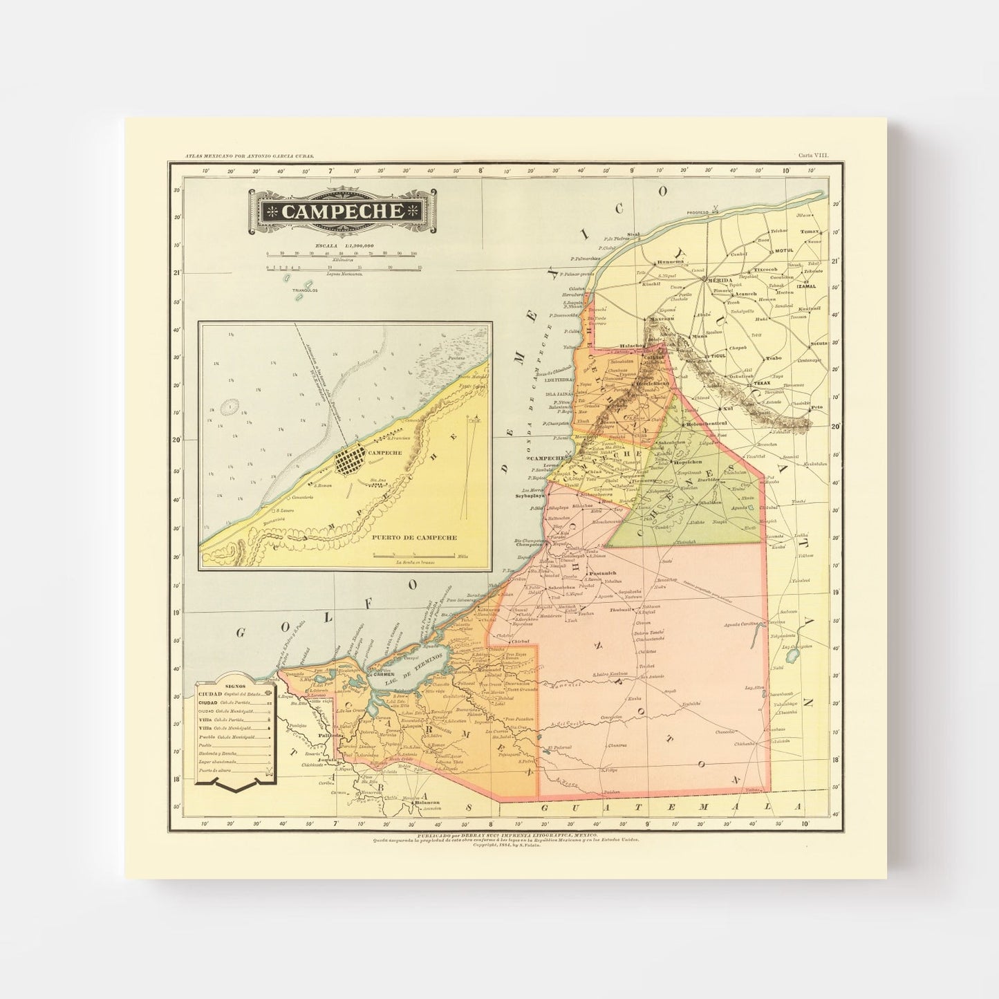 Vintage Map of Campeche, Mexico, 1886 | Wall Art