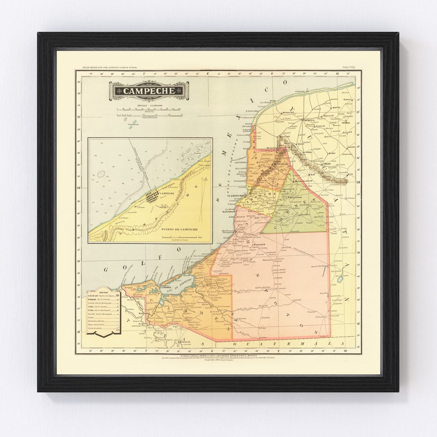Vintage map of Campeche, Mexico, 1886, digitally restored antique cartographic print