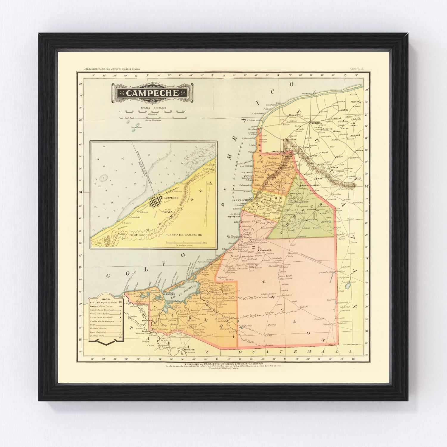 Vintage map of Campeche, Mexico, 1886, digitally restored antique cartographic print