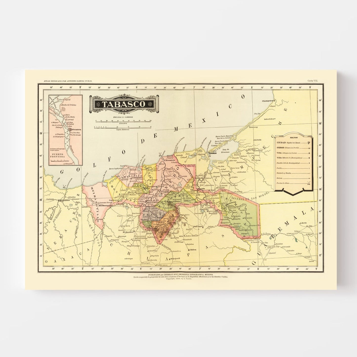 Vintage Map of Tabasco, Mexico, 1886