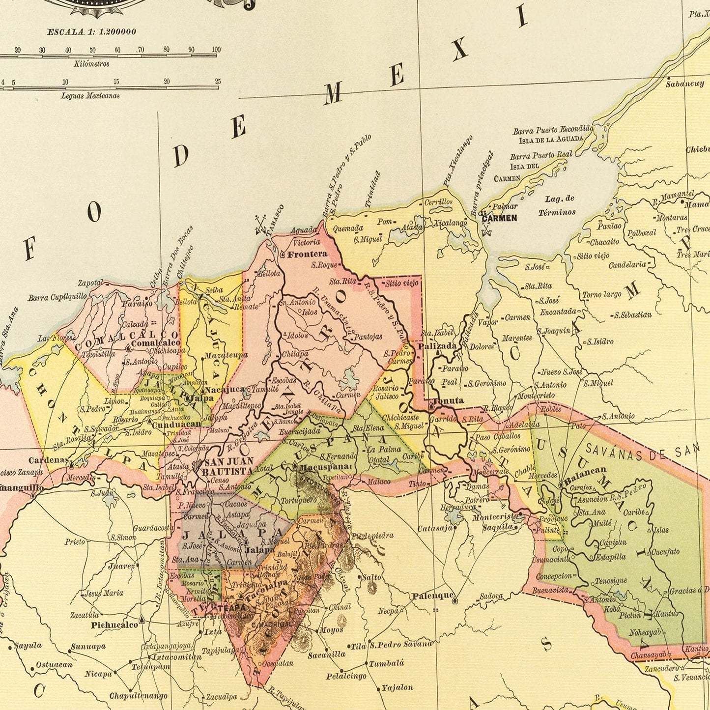 Vintage Map of Tabasco, Mexico, 1886