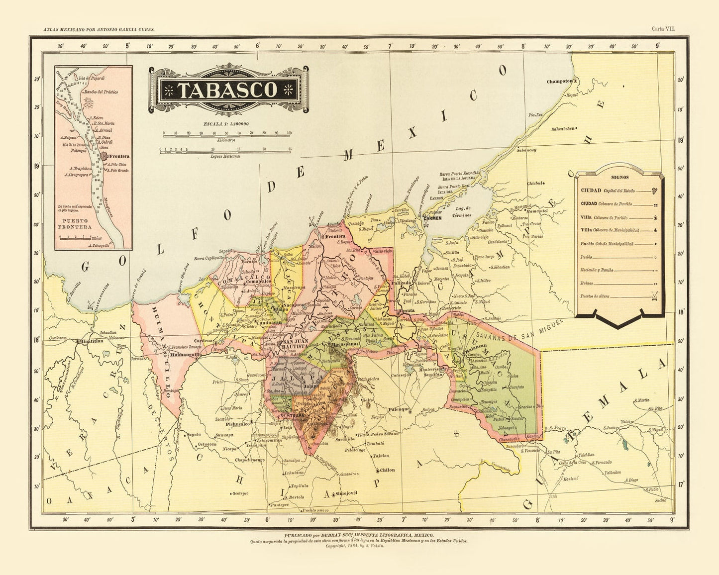 Vintage Map of Tabasco, Mexico, 1886