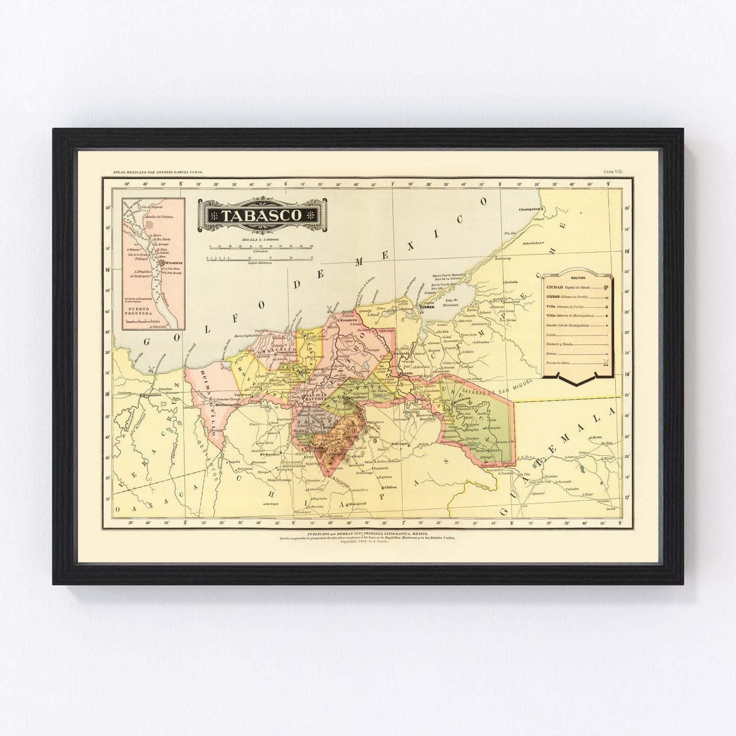 Vintage map of Tabasco, Mexico, 1886