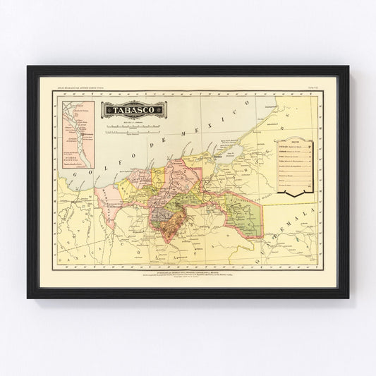 Vintage map of Tabasco, Mexico, 1886