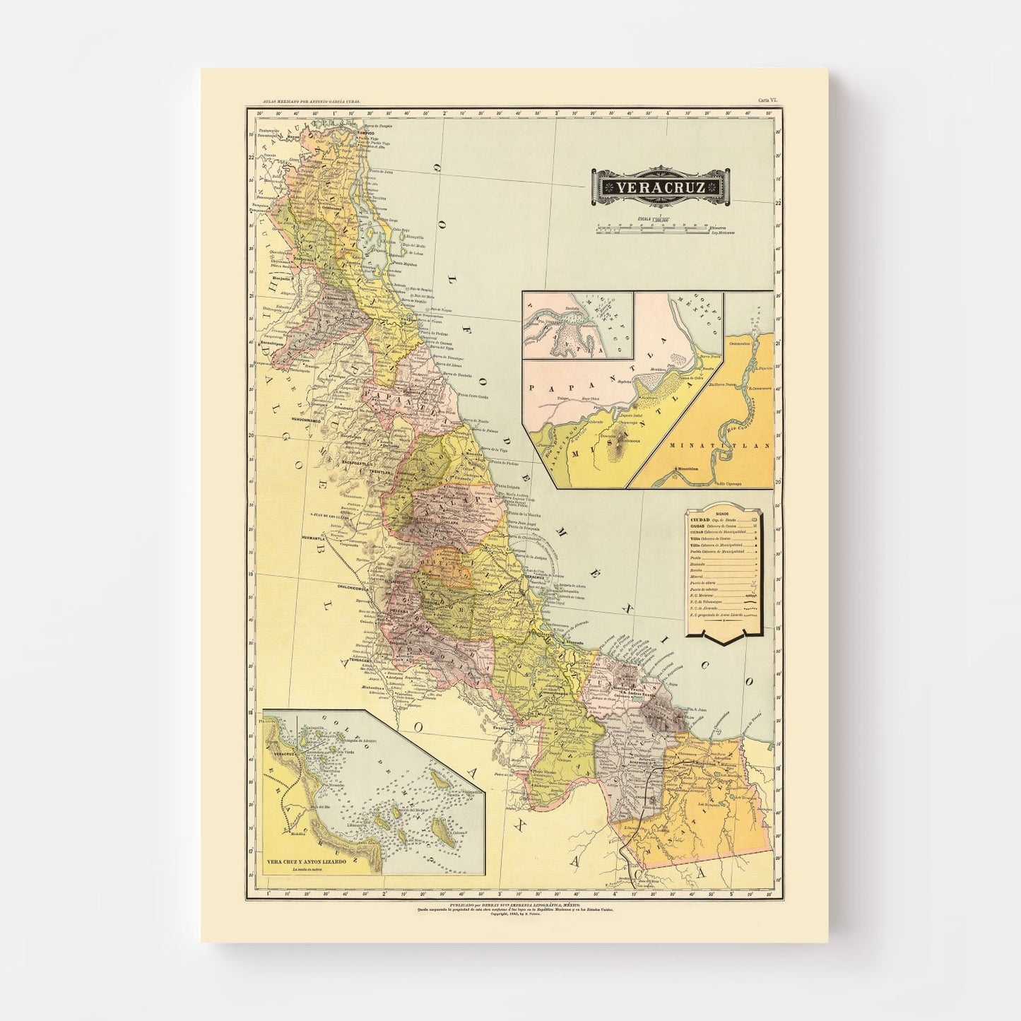 Vintage Map of Veracruz, Mexico, 1886