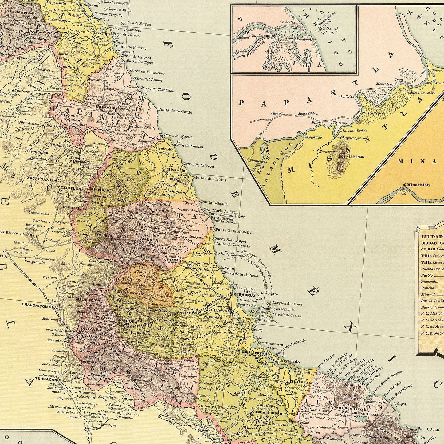 Vintage Map of Veracruz, Mexico, 1886
