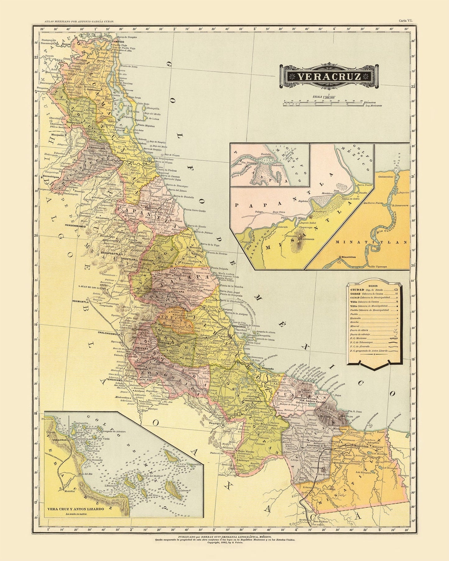 Vintage Map of Veracruz, Mexico, 1886