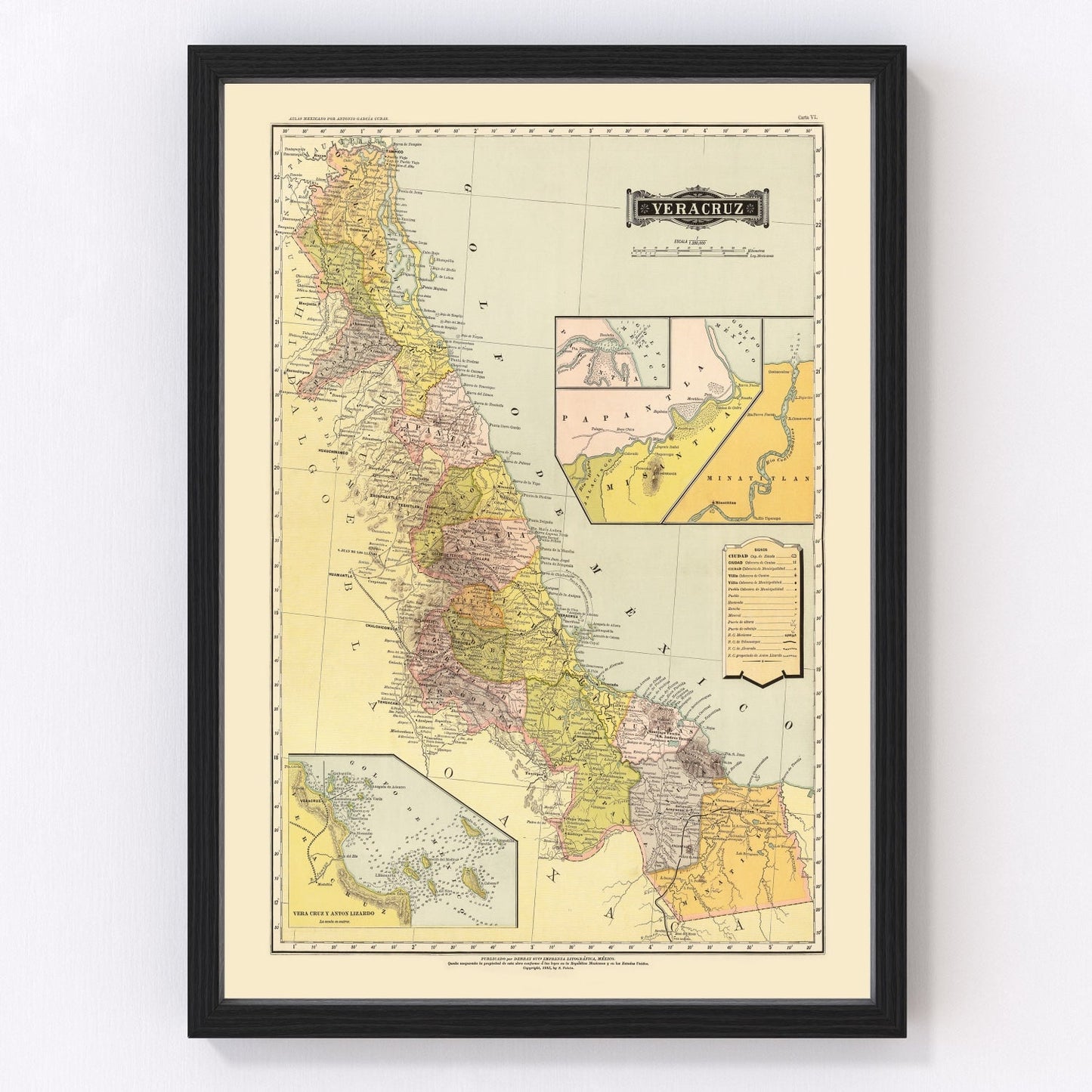 Vintage map of Veracruz, Mexico, 1886