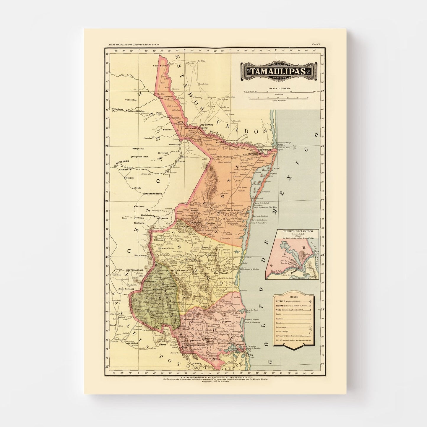 Vintage Map of Tamaulipas, Mexico, 1886