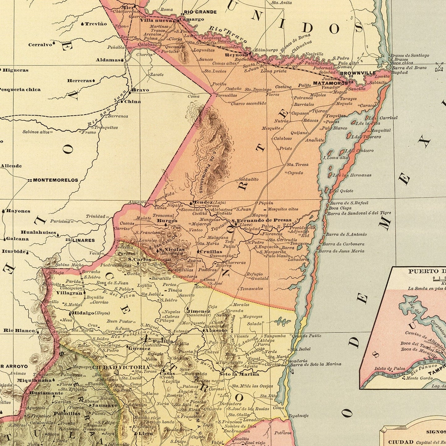 Vintage Map of Tamaulipas, Mexico, 1886