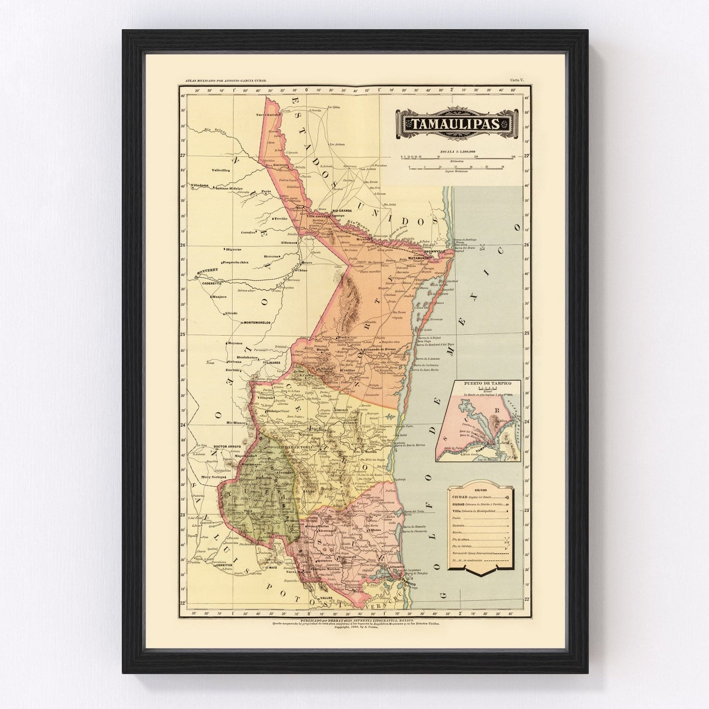 vintage map of Tamaulipas, Mexico, 1886