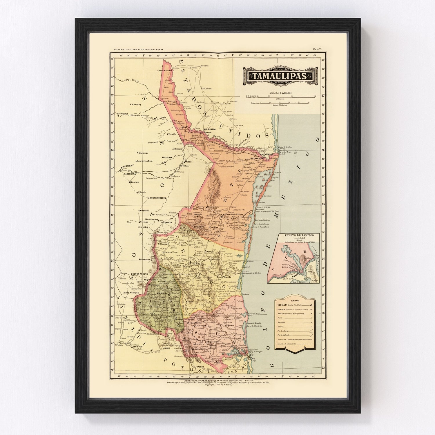 vintage map of Tamaulipas, Mexico, 1886