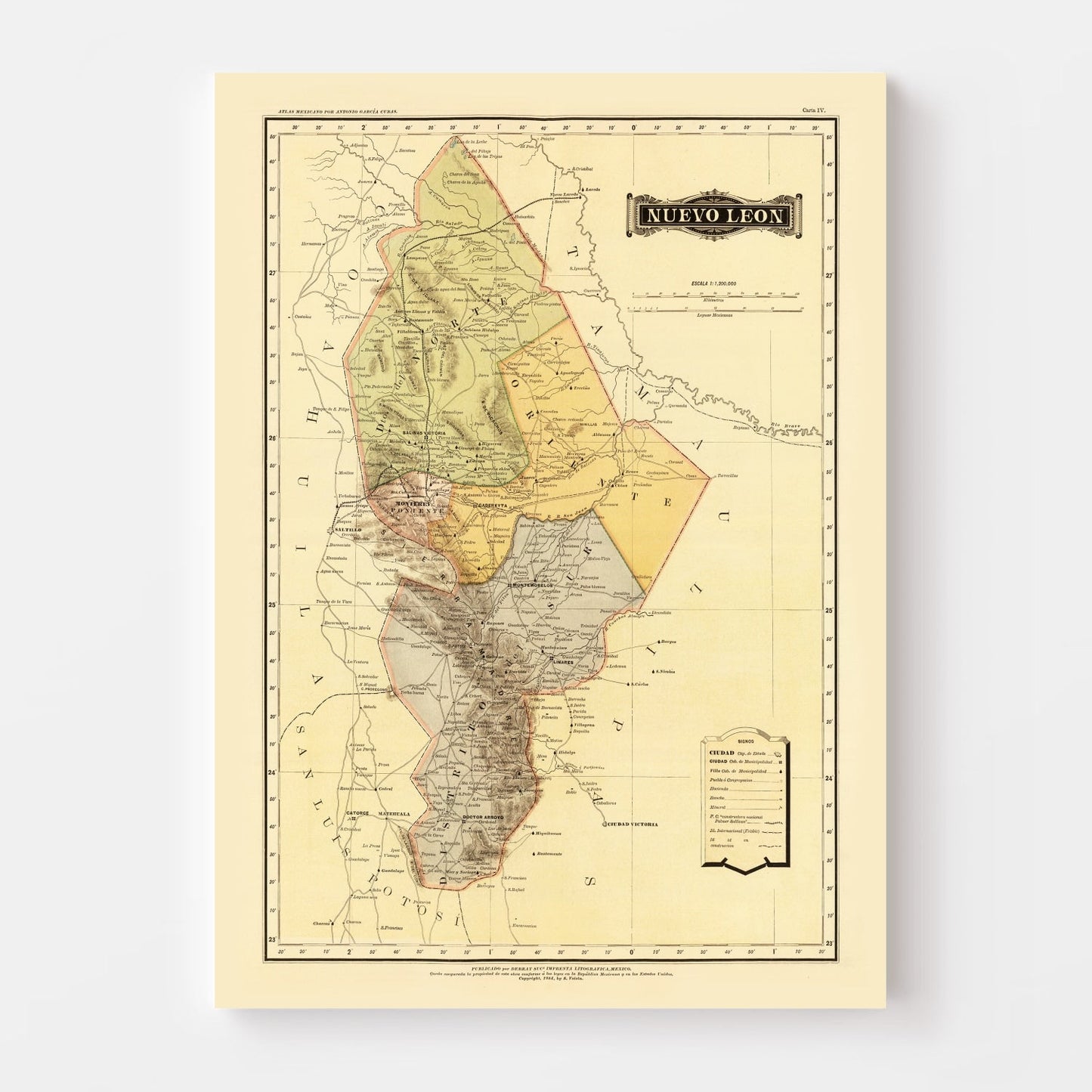 Vintage Map of Nuevo Leon, Mexico, 1886