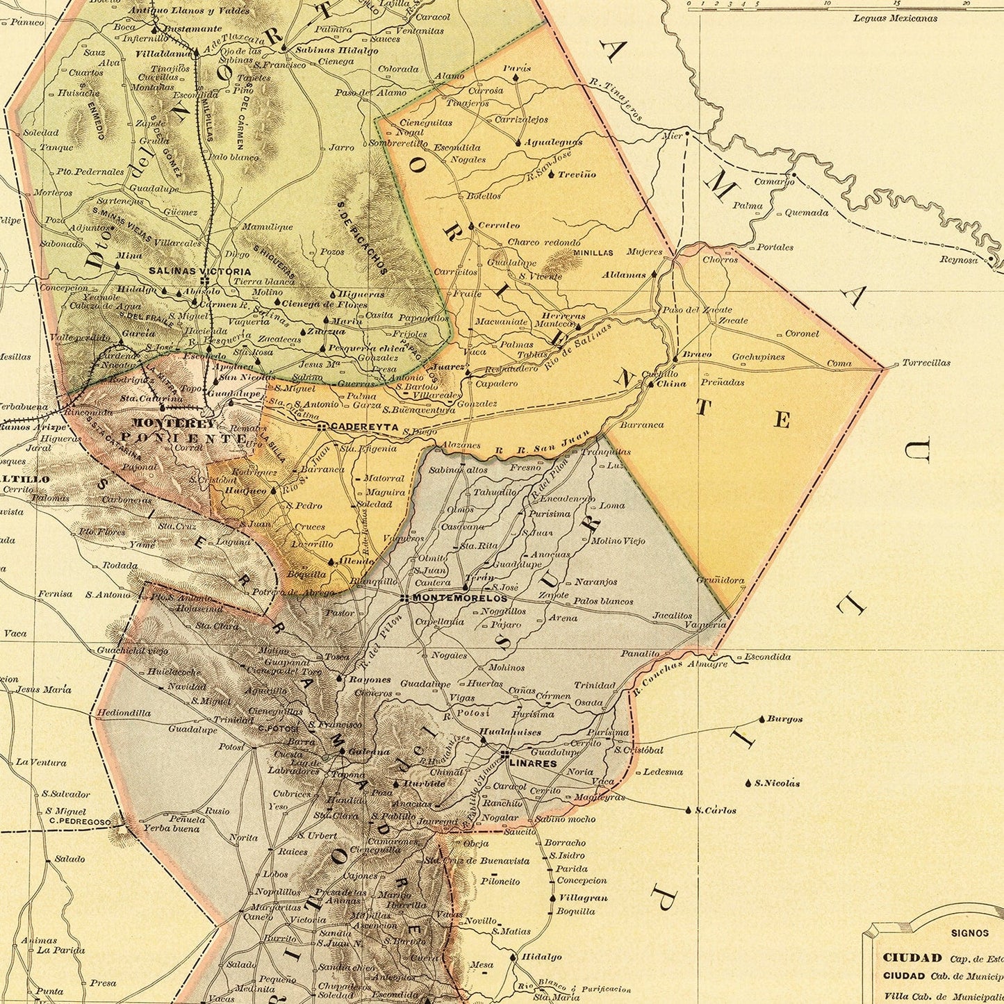 Vintage Map of Nuevo Leon, Mexico, 1886
