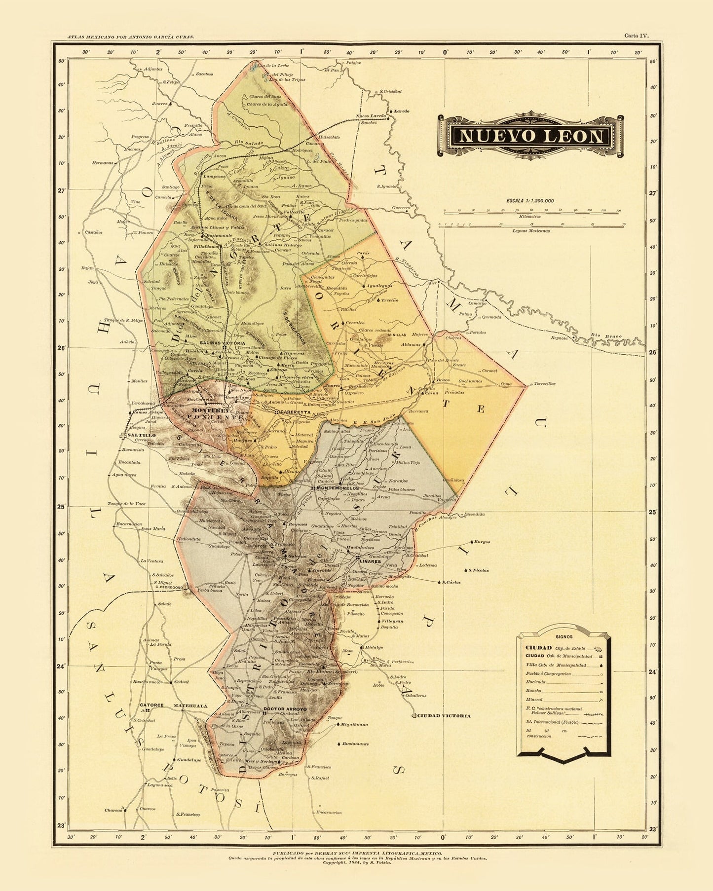 Vintage Map of Nuevo Leon, Mexico, 1886