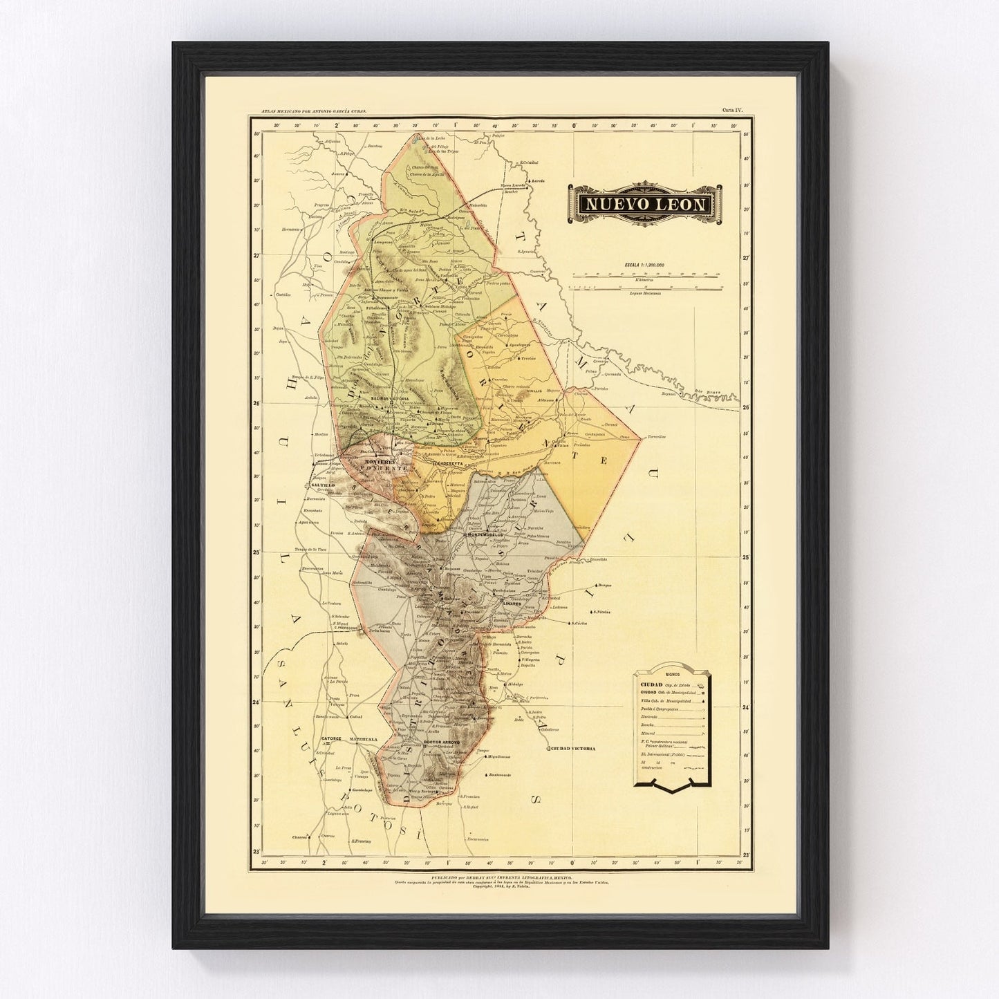 vintage map of Nuevo Leon, Mexico, 1886