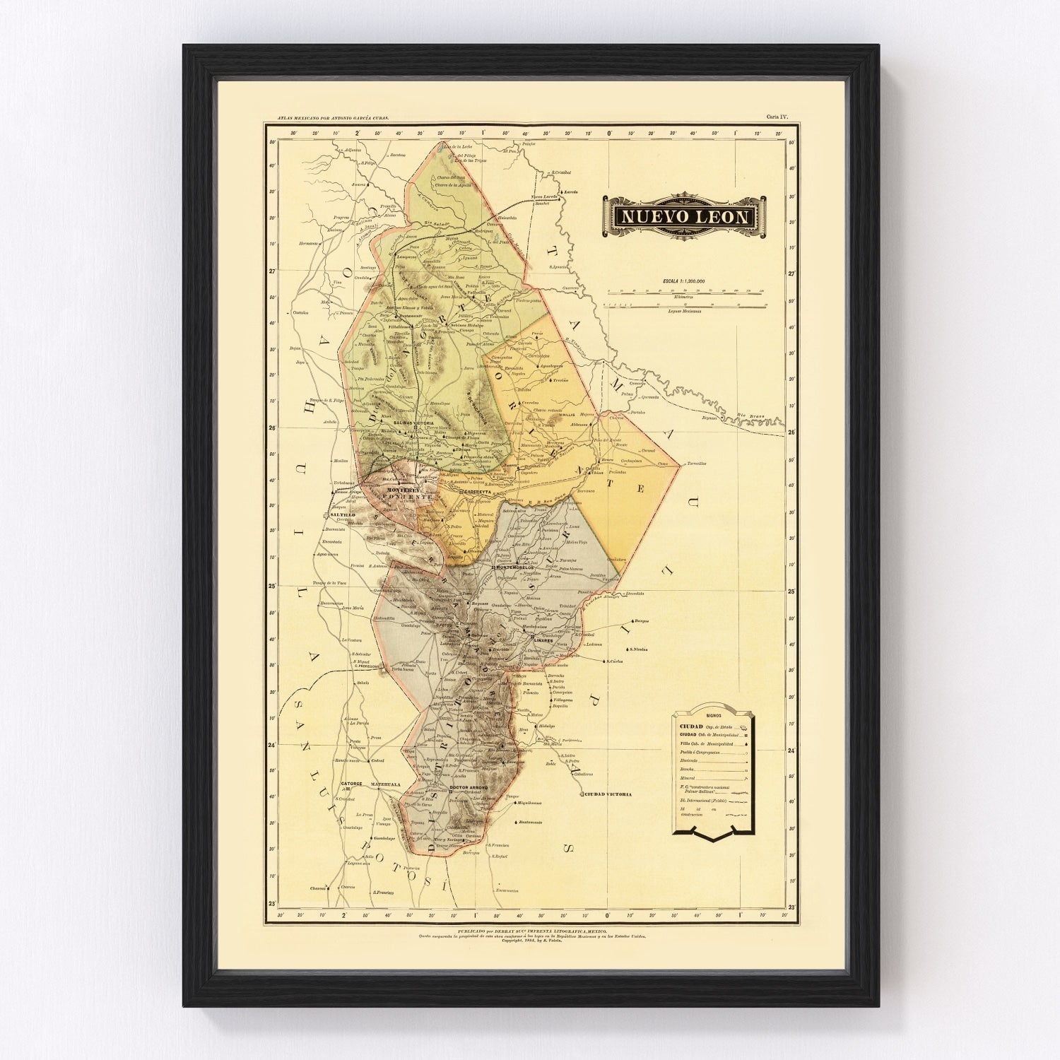 vintage map of Nuevo Leon, Mexico, 1886