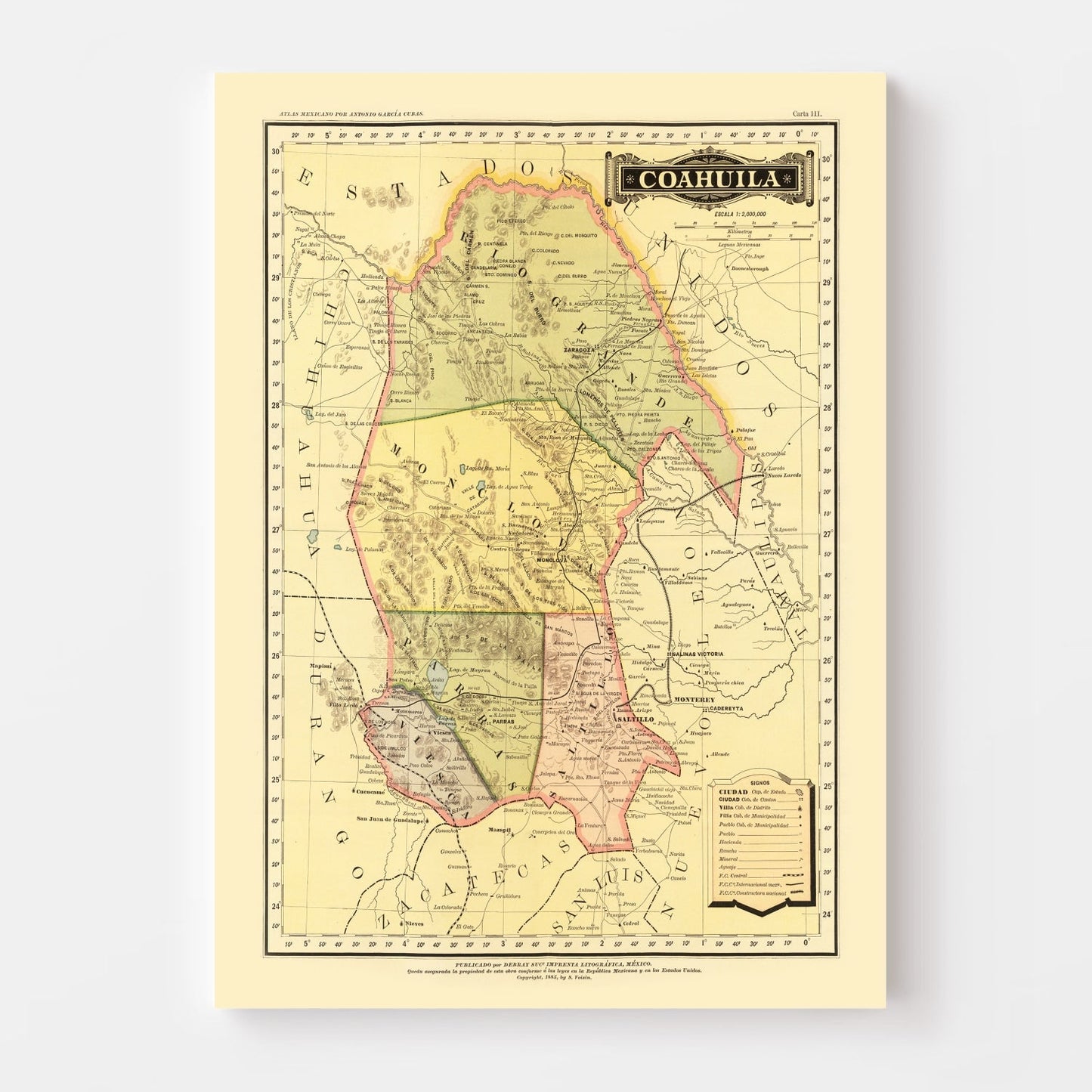 Vintage Map of Coahuila, Mexico 1886
