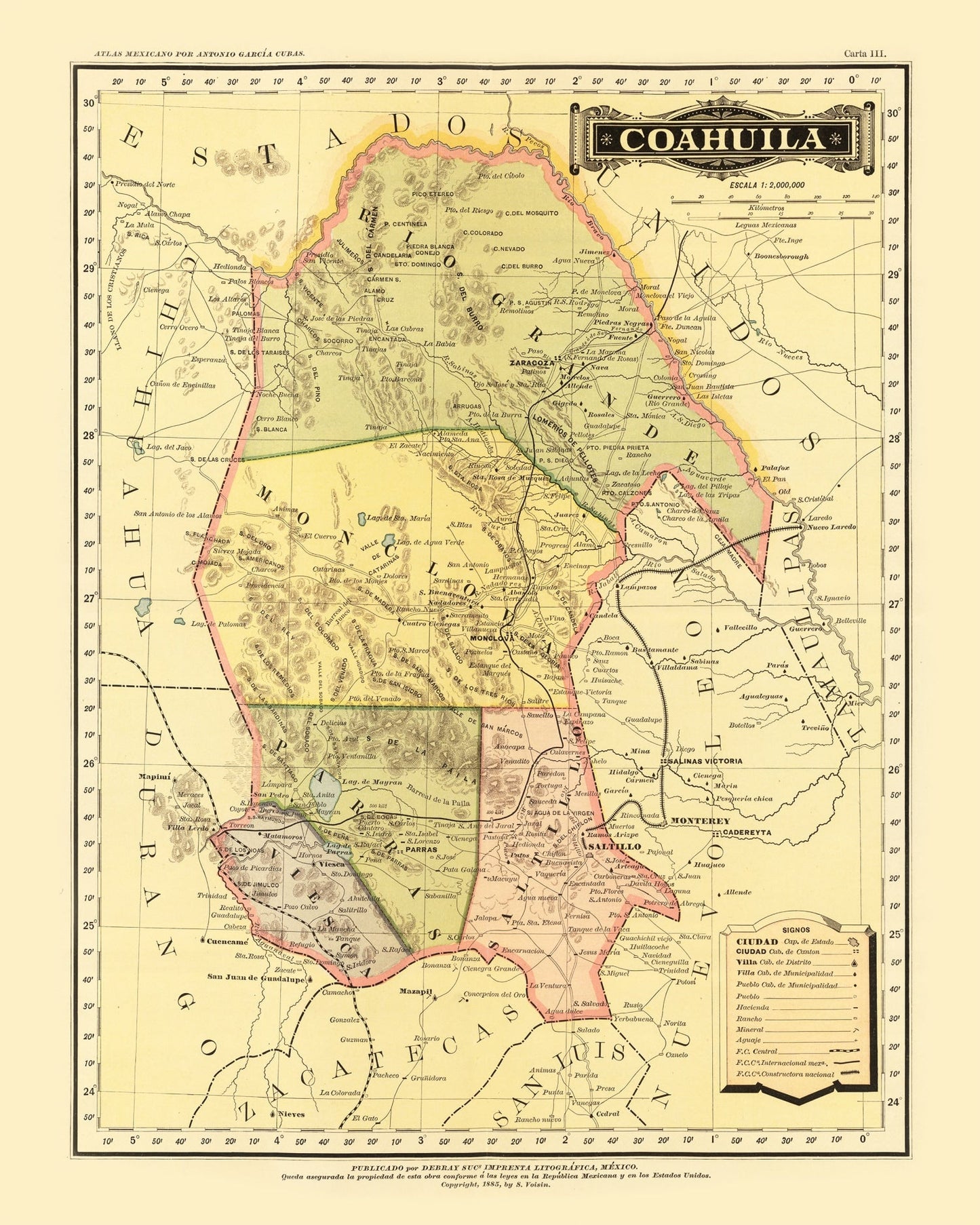 Vintage Map of Coahuila, Mexico 1886