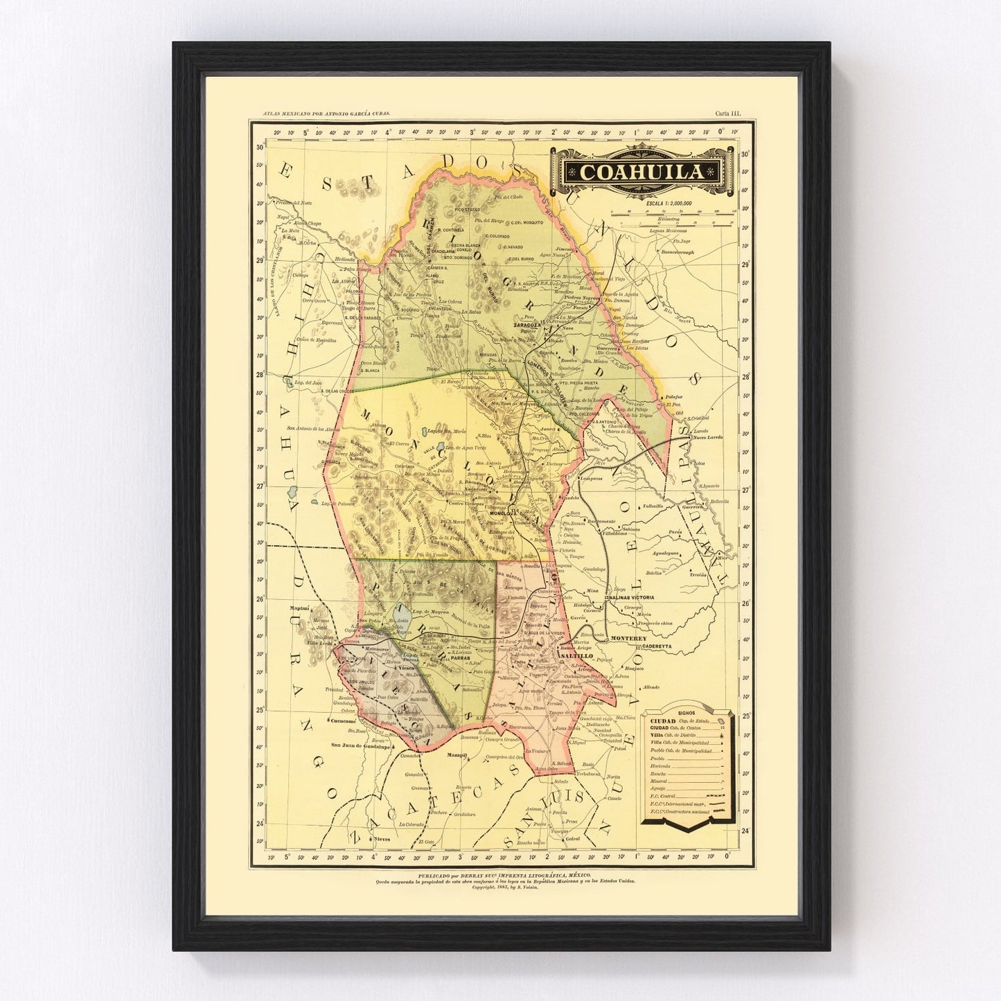vintage map of Coahuila, Mexico, 1886