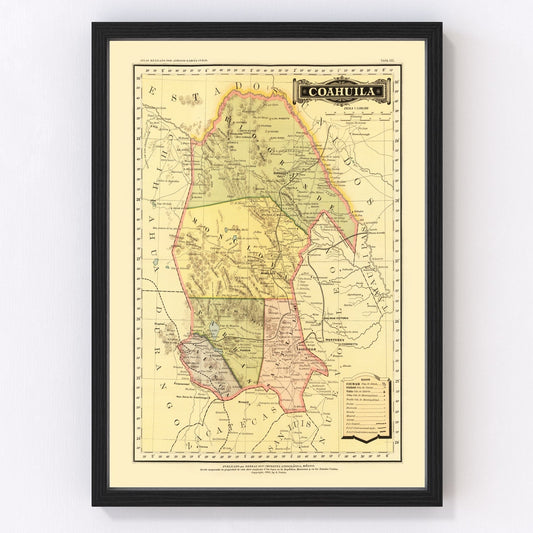 vintage map of Coahuila, Mexico, 1886