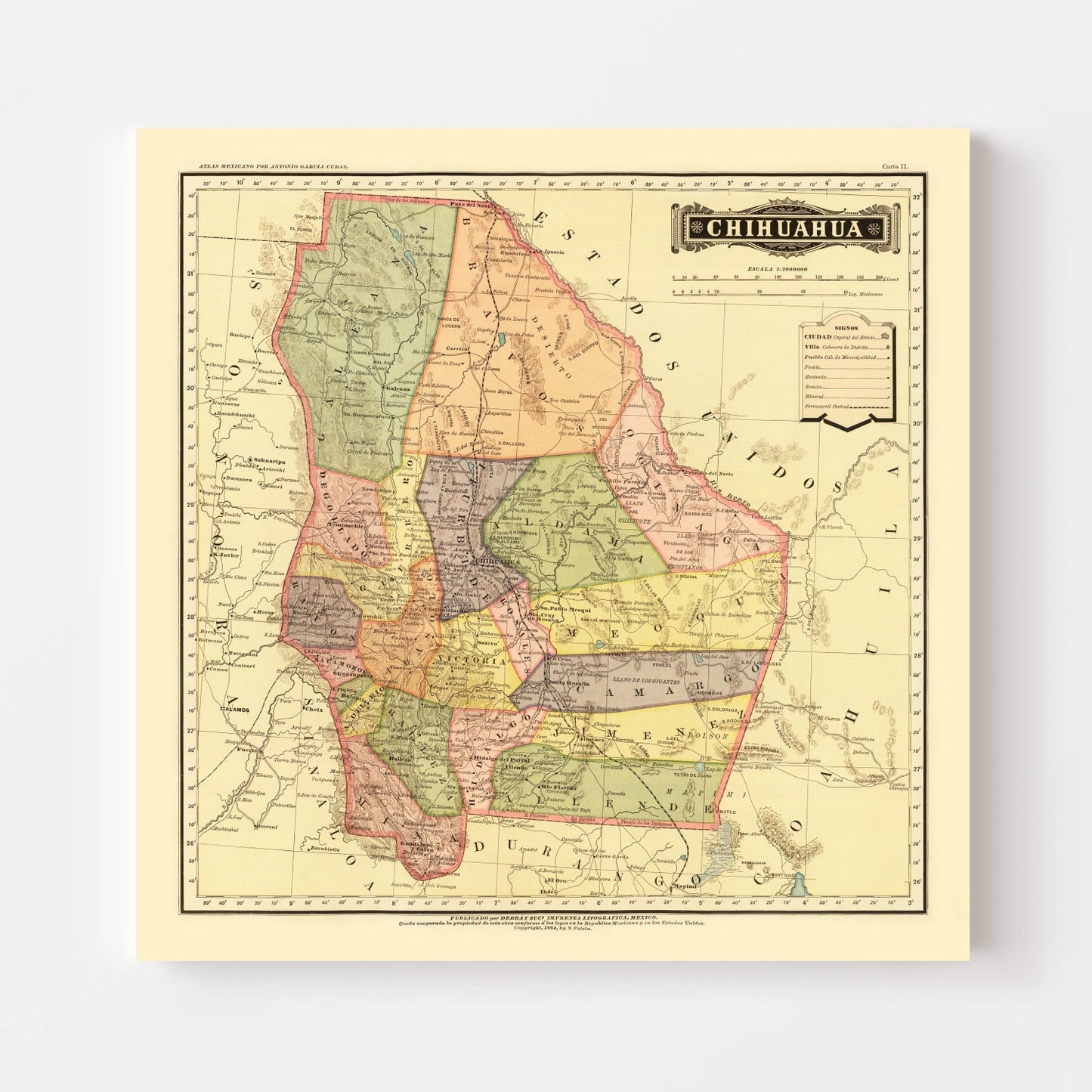 Vintage Map of Chihuahua, Mexico, 1886
