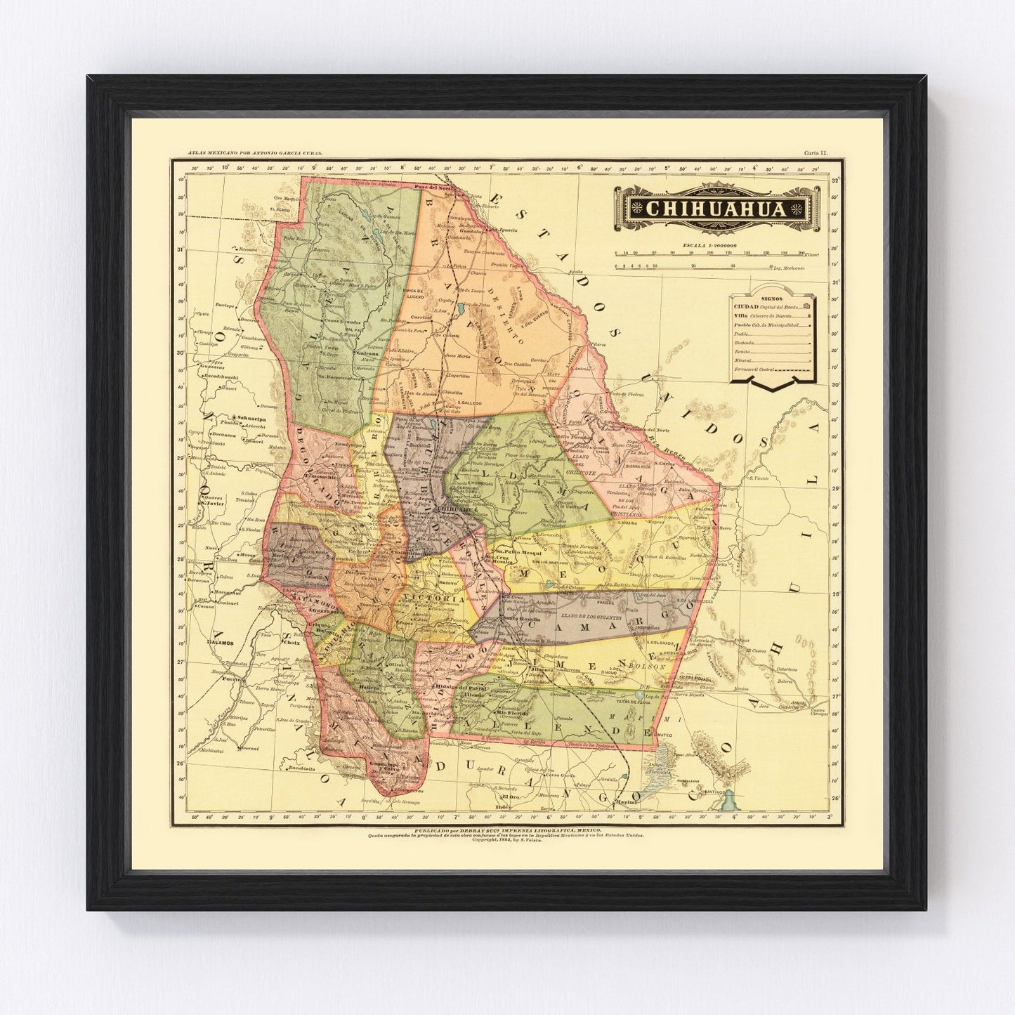 Vintage map of Chihuahua, Mexico, 1886 - digitally restored wall art print