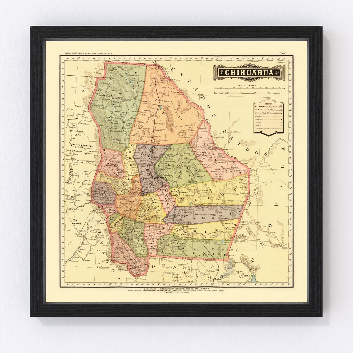 Vintage map of Chihuahua, Mexico, 1886 - digitally restored wall art print