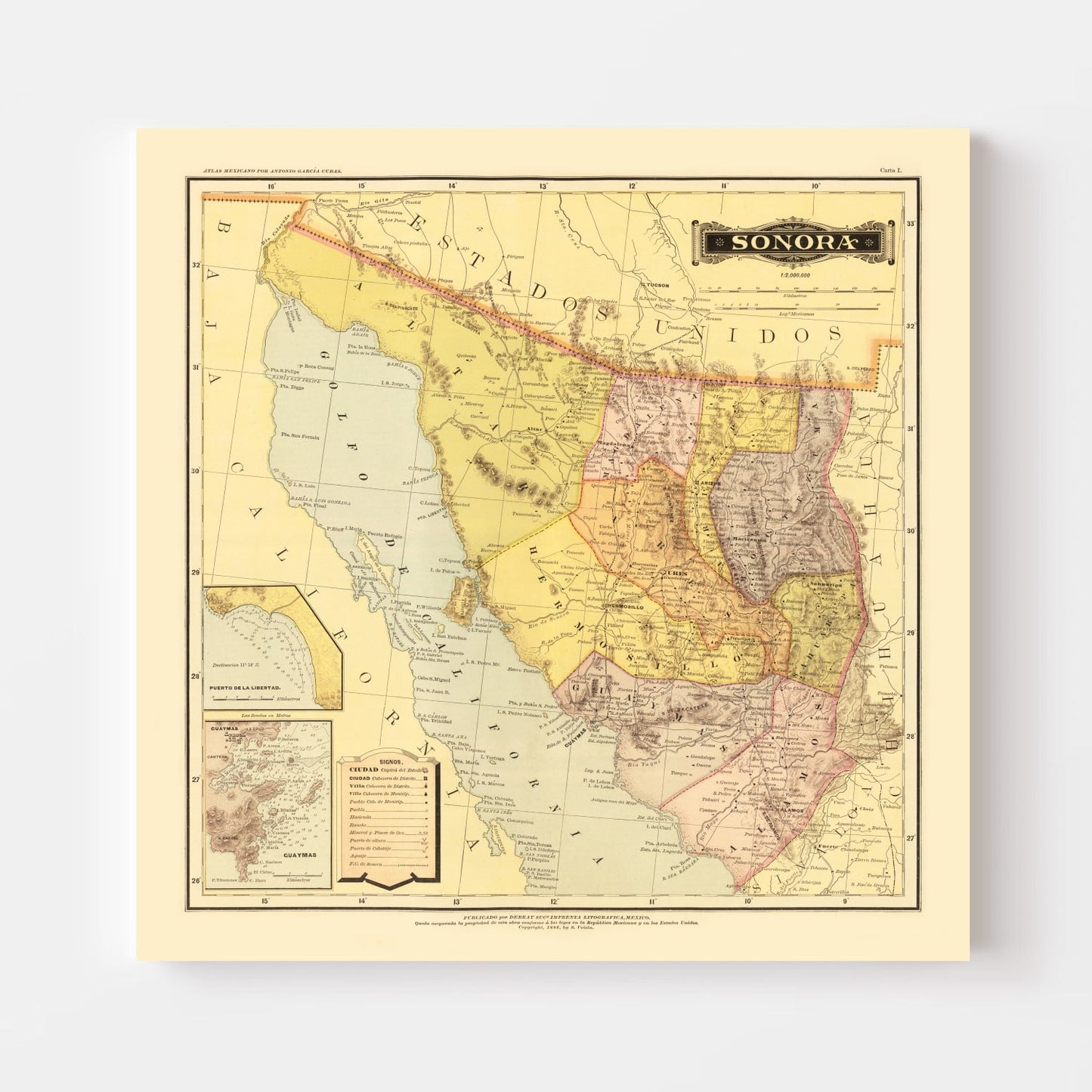 Vintage Map of Sonora, Mexico, 1886