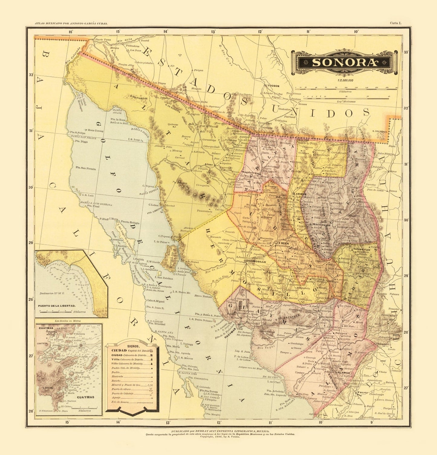 Vintage Map of Sonora, Mexico, 1886