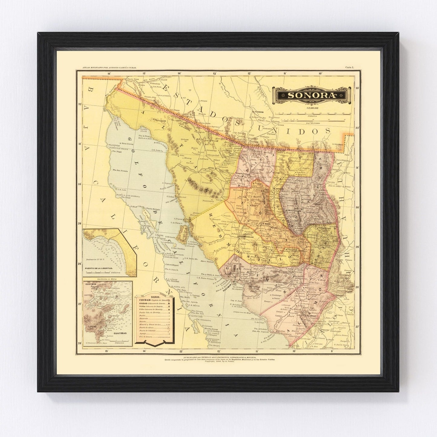 vintage map of Sonora, Mexico, 1886
